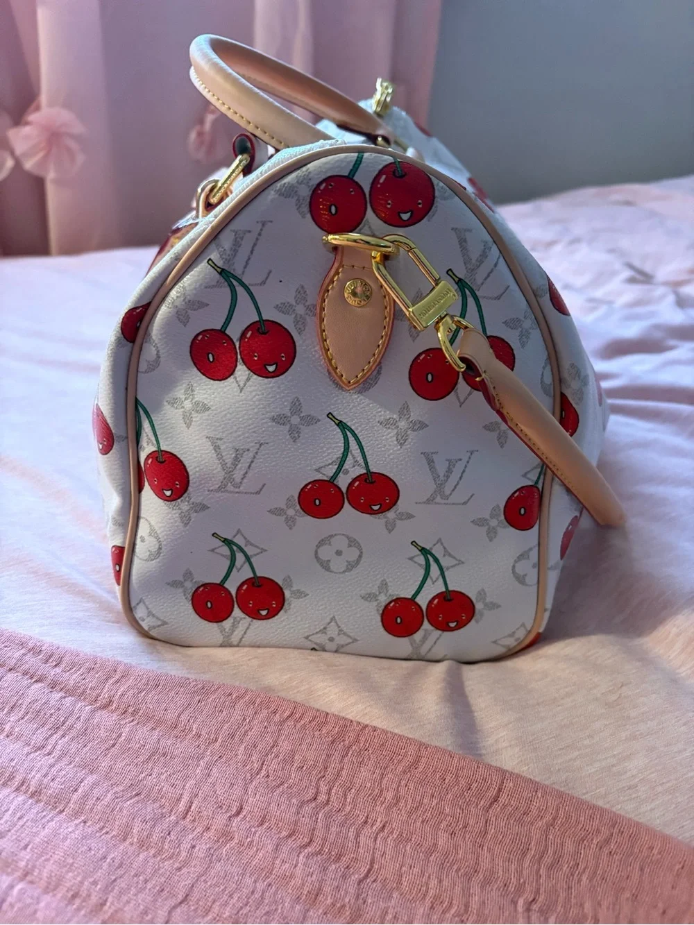 Speedy White Cherry Print Monogram Top-Handle Bag